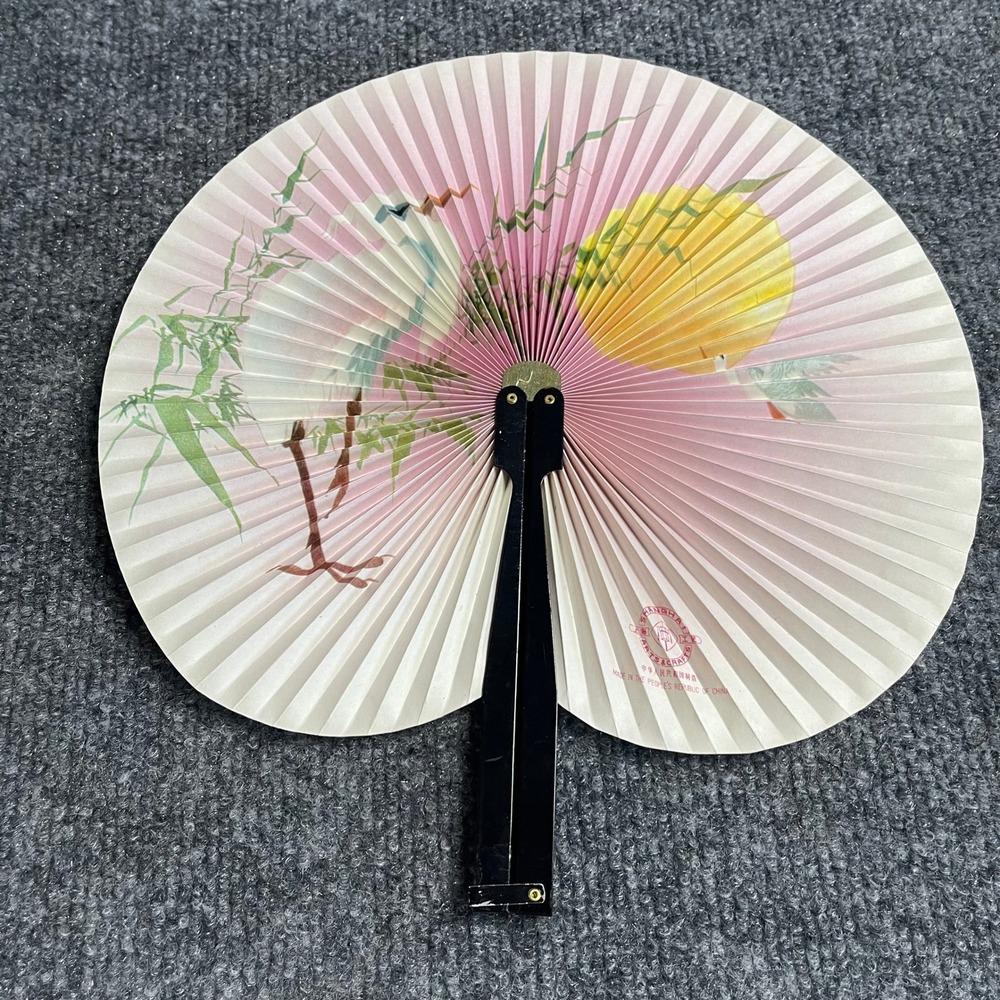 Vintage Shanghai Arts & Crafts Folding Hand Fan Crane Sun Bamboo Pink Cream